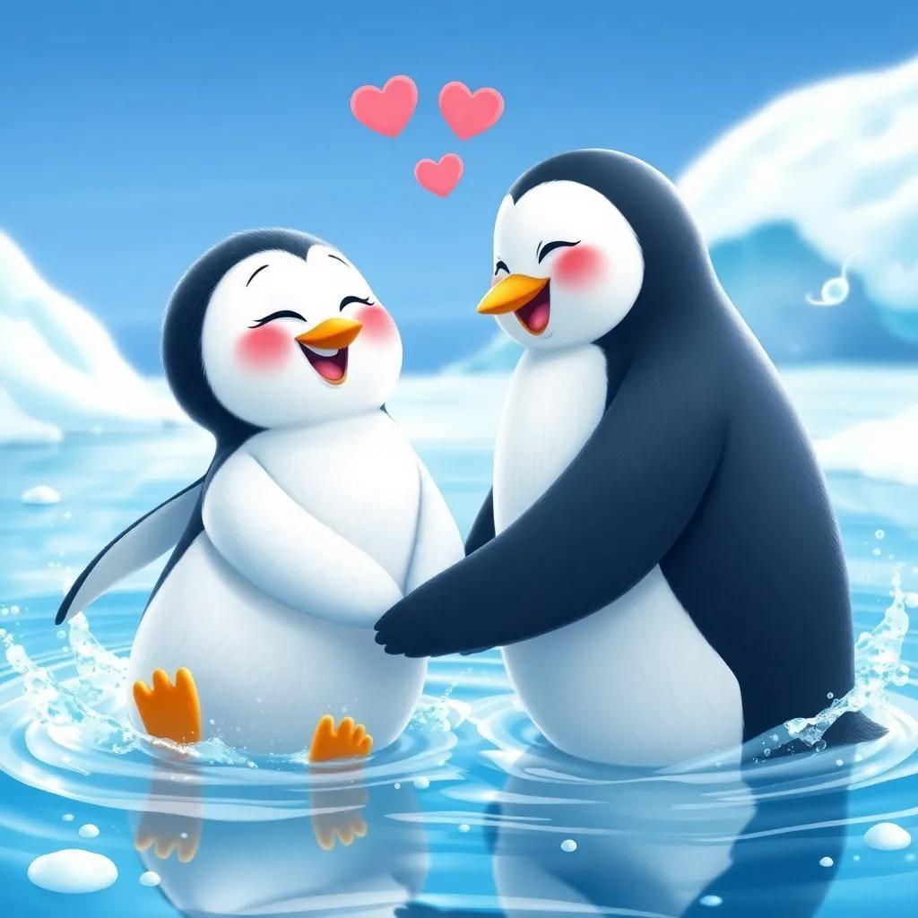Meme and Momo, the penguins in love, playing and splashing in the icy water with each other, full of joy and happiness, playful scene with bright blues and whites, whimsical charm, high desirable quality
