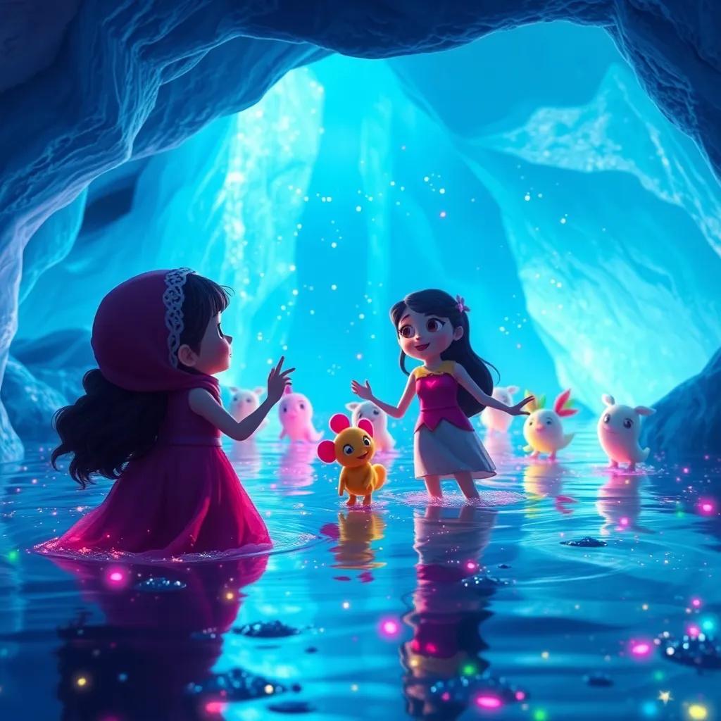 Meme and Momo watching their friends dance with sparkling water around them in a magical ice cave, glowing and lively atmosphere, colorful reflections, coming together in friendship and love, enchanted vibe, vibrant and colorful scene, high quality