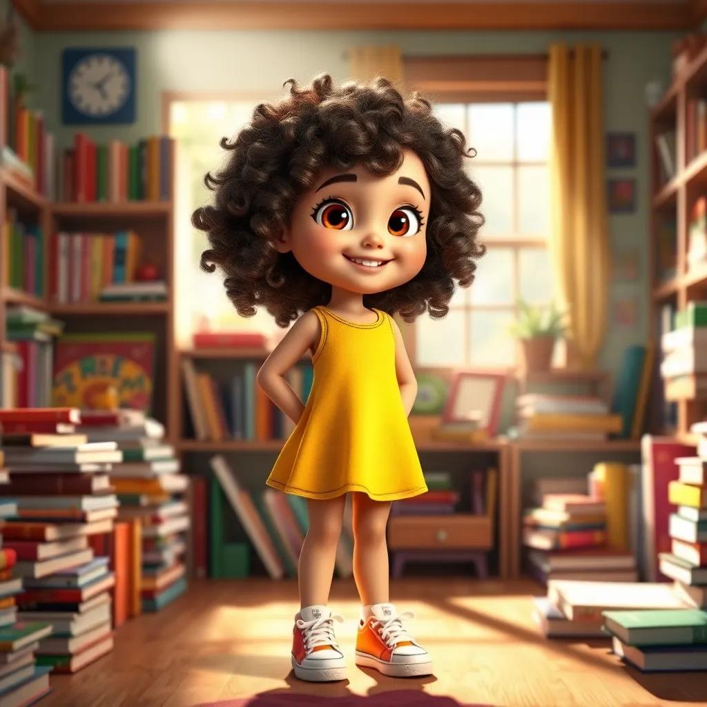A young girl named Mia, with curly brown hair, wearing a bright yellow dress and sneakers, standing in her colorful room filled with books, sunlight streaming through the window, joyful atmosphere, vibrant colors, high quality