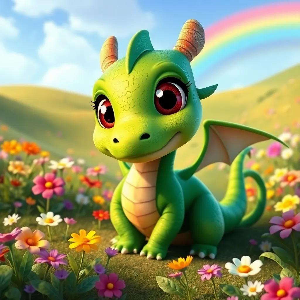 A friendly dragon named Sparky, green with big friendly eyes, and tiny wings, welcoming Mia in a magical land full of colorful flowers and a bright rainbow, cheerful and inviting, rich details, whimsical style