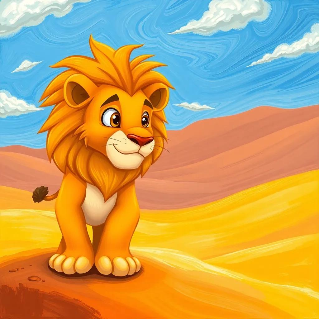 A brave lion, Leo, with a golden mane, looking determined and searching in a vast desert, wisps of clouds in a blue sky, dynamic action pose, illustration, warm color palette, whimsical style, child-friendly