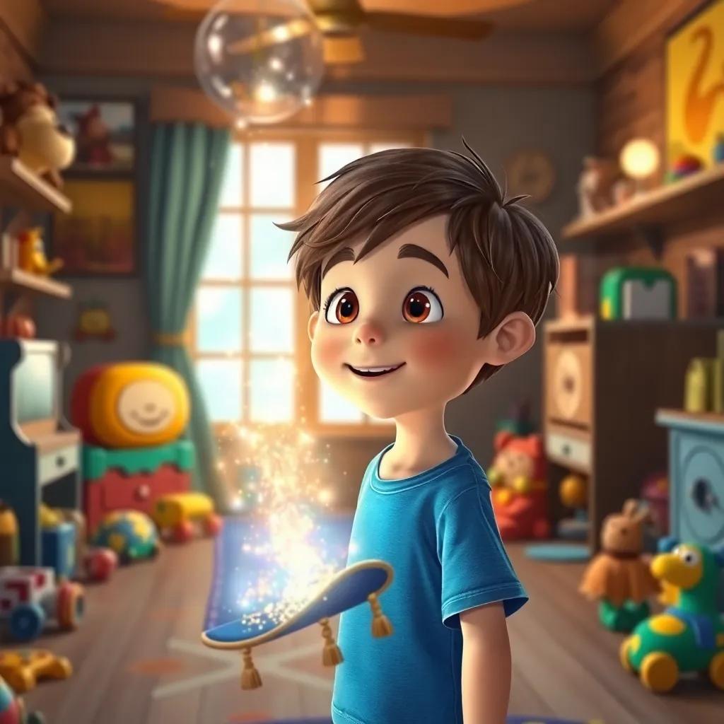 A young boy, Sam, with short brown hair and wearing a bright blue t-shirt, discovering a shimmering magic carpet in his room filled with toys, warm colors, inviting atmosphere, high quality