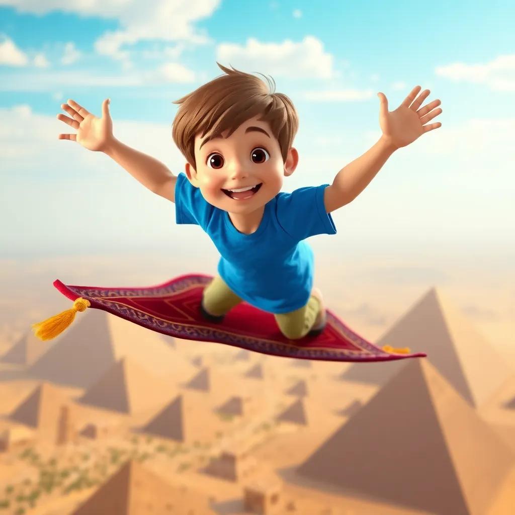 Sam, a young boy with short brown hair in a bright blue t-shirt, flying high above the pyramids of Egypt on a magic carpet, blue sky, golden pyramids below, joyful atmosphere, vibrant colors, adventurous view, high quality