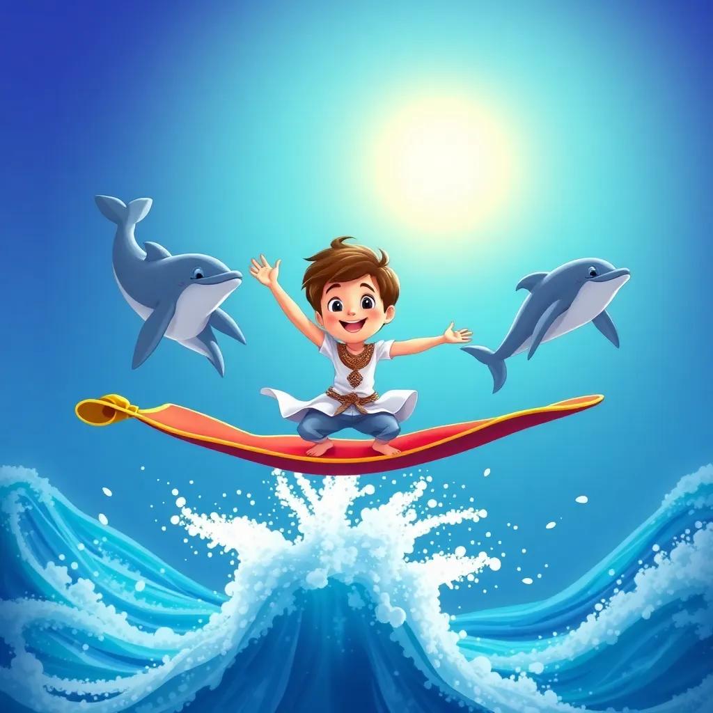 Sam, a young boy with short brown hair, dancing joyfully with dolphins while riding a magic carpet above the ocean, splashing waves, bright sun, cheerful tone, colorful scene, high quality