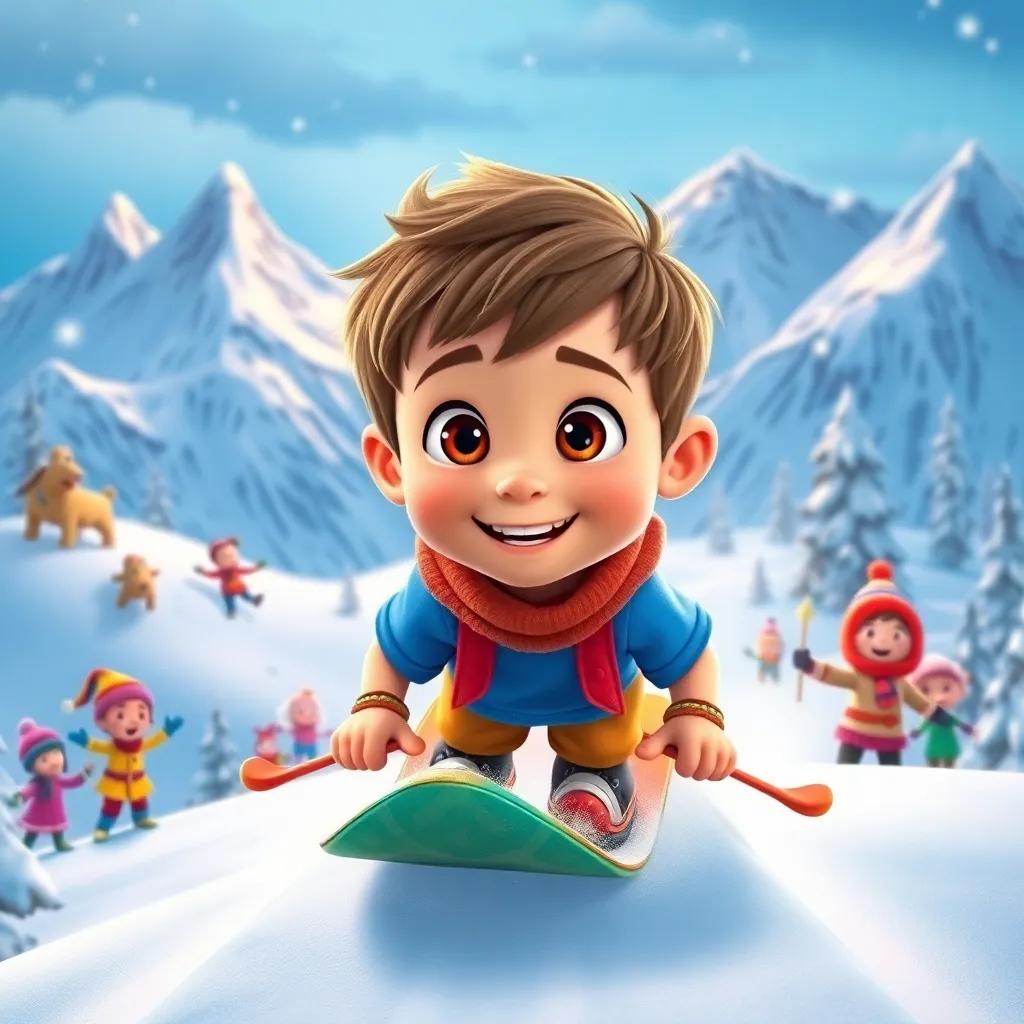 Sam, a young boy with short brown hair in a bright blue t-shirt, skiing down a snowy mountain on a magic carpet, surrounded by winter scenery and joyful kids, snowy peaks, vibrant colors, playful atmosphere, high quality