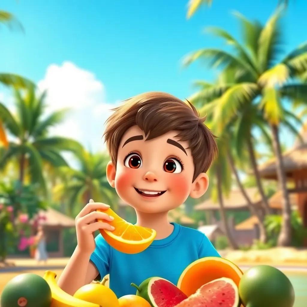 Sam, a young boy with short brown hair in a bright blue t-shirt, tasting tropical fruits in a sunny paradise with palm trees, vibrant colors, inviting scenery, happy atmosphere, high quality