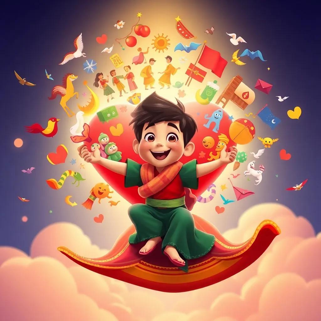 A wide view of Sam's heart expanding with colorful symbols of friendship and diverse cultures surrounding him while riding a magic carpet, bright colors, joyful imagery, high quality
