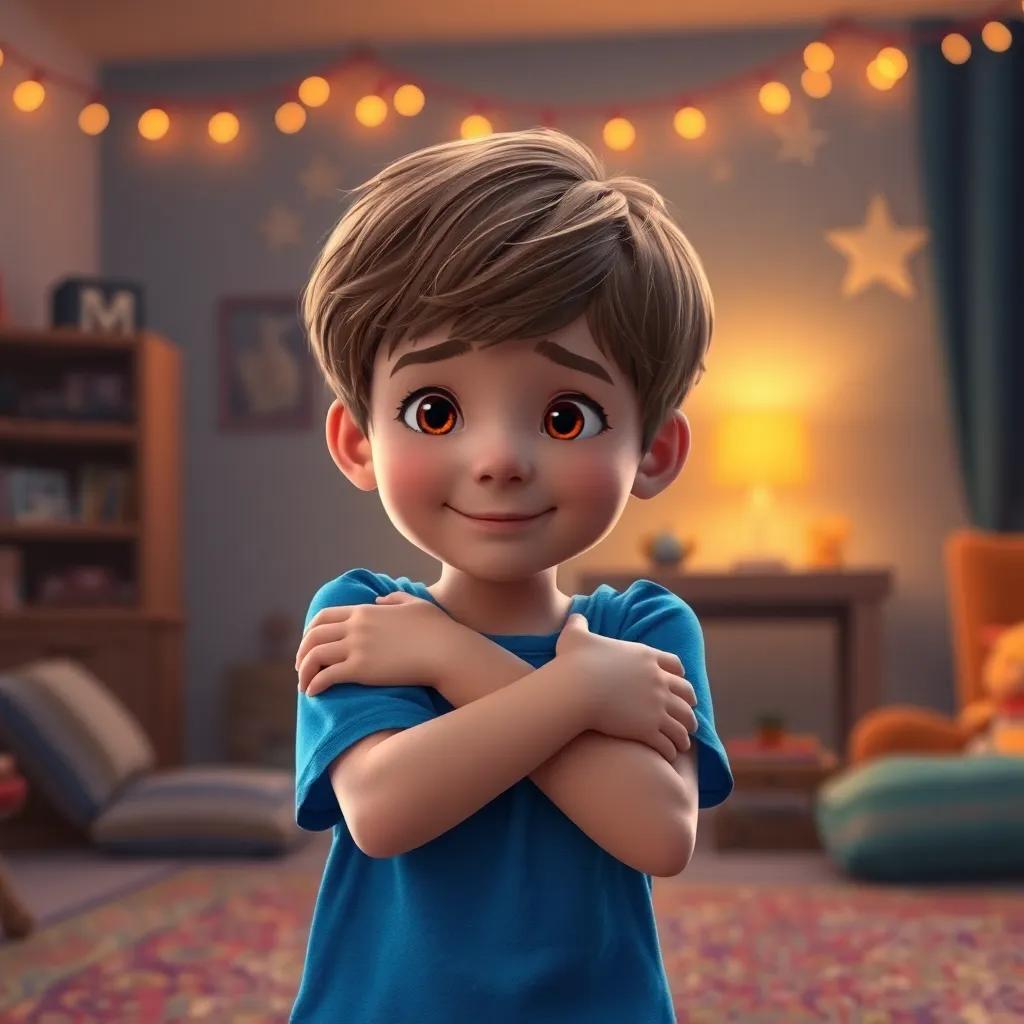Sam, a young boy with short brown hair in a bright blue t-shirt, hugging his magic carpet at home with stars twinkling in the background, warm ambiance, cozy feel, high quality