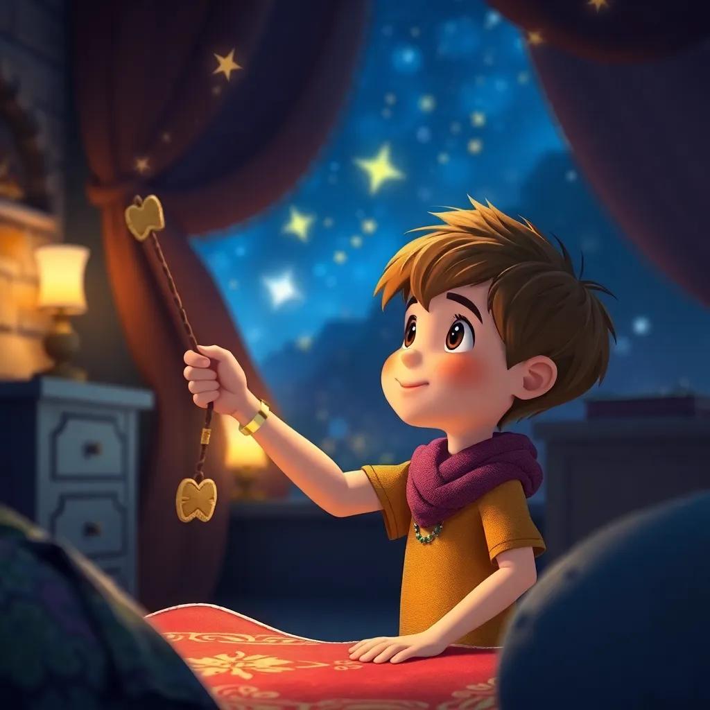 Sam, a young boy with short brown hair, looking at his magic carpet with stars and bright dreams in his eyes, nighttime inside the room, magical atmosphere, high quality