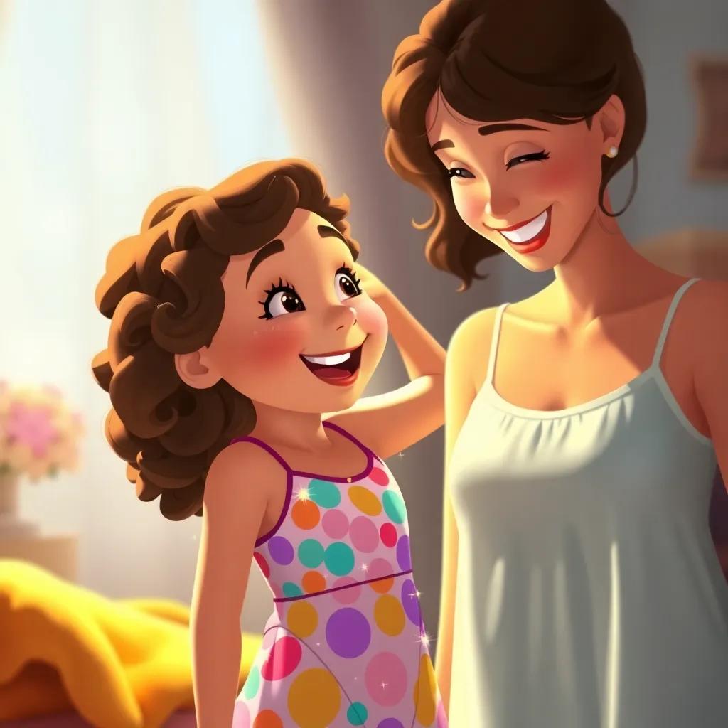 A delighted girl, Lila, with brown curly hair, wearing a colorful dress, trying on a now tiny one-piece swimsuit, sparkling in the light, surrounded by her smiling mother, joy and magic in the air, warm colors, storytelling view, artstation quality