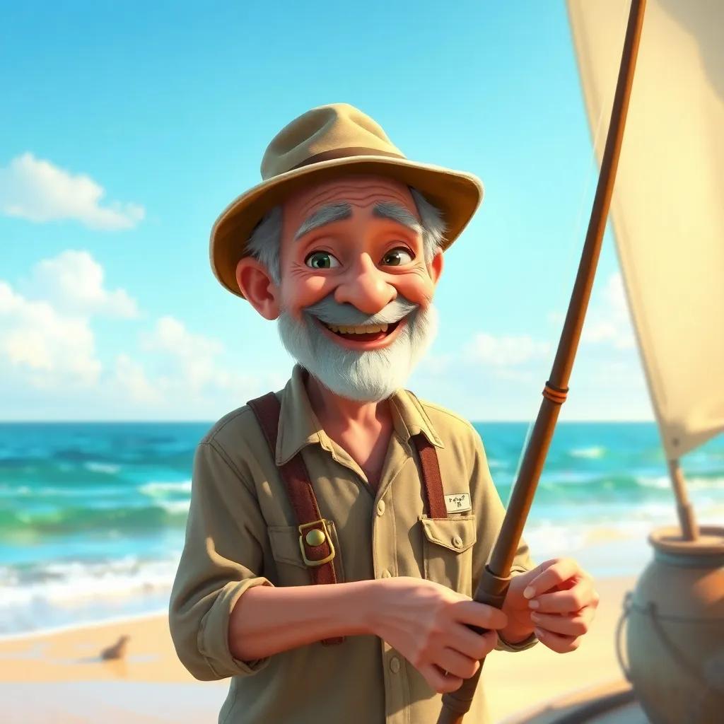 A humble fisherman named Jack, an older man with a kind smile, wearing a faded old hat and a simple shirt, fishing on a sunny beach with a fishing rod, scenic ocean background, digital art, warm colors, cheerful atmosphere, high quality