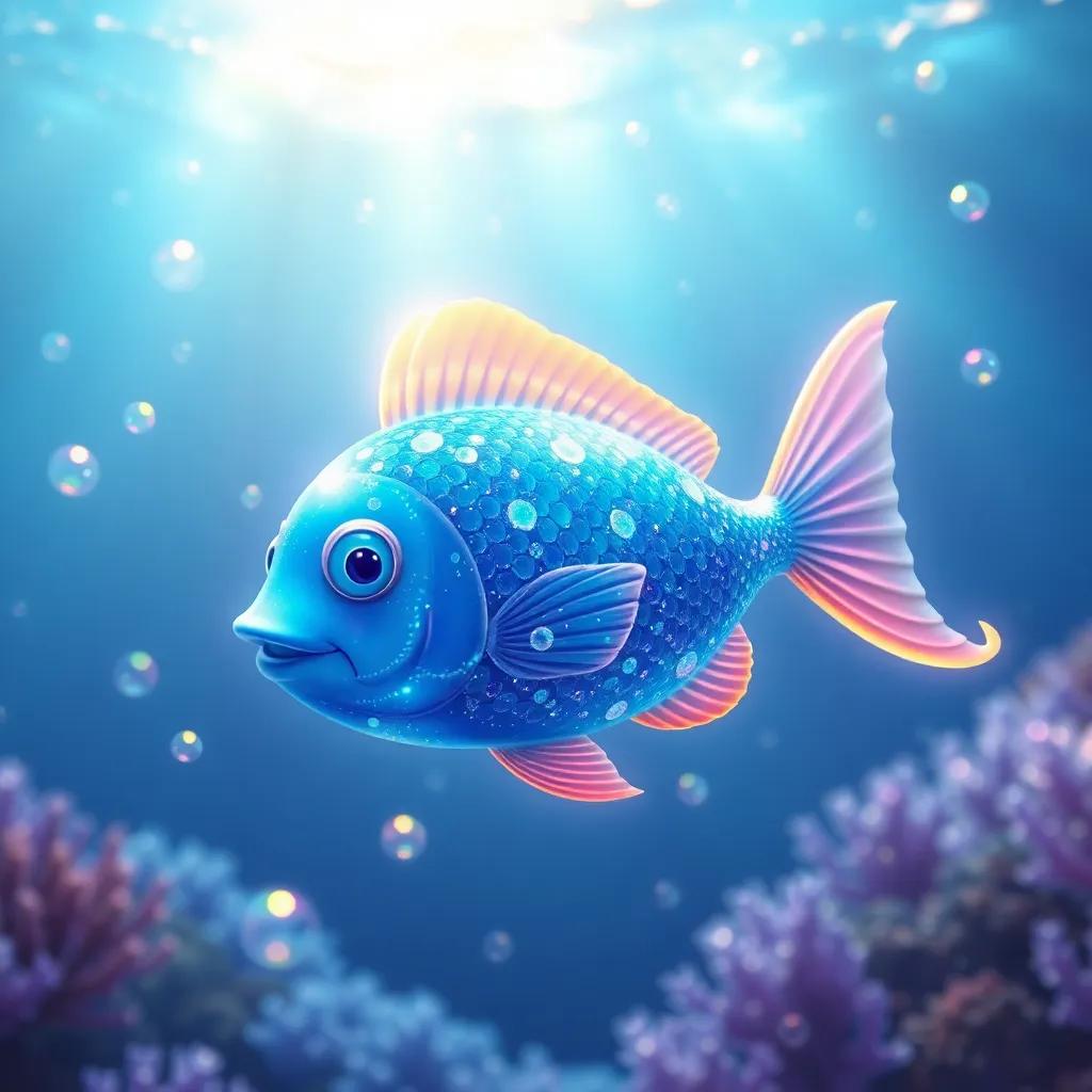 A shimmering magic fish, bright blue with sparkling scales, swimming in the ocean, surrounded by bubbles and sunlight, magical aura, vibrant colors, enchanting scene, highly detailed
