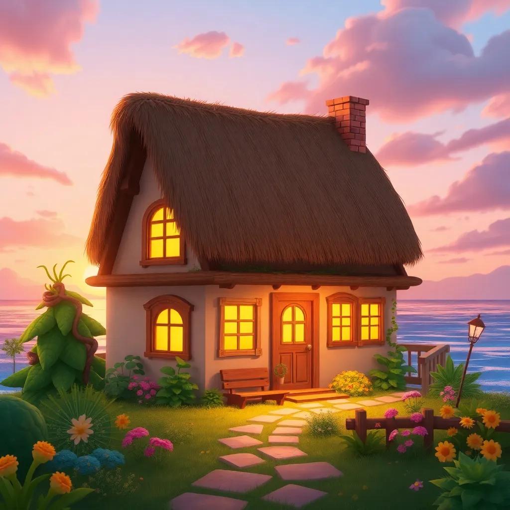 A cozy seaside house with a thatched roof, lush garden, and windows glowing, friendly atmosphere, sunset in the background, soft light, warm colors, child-friendly illustration