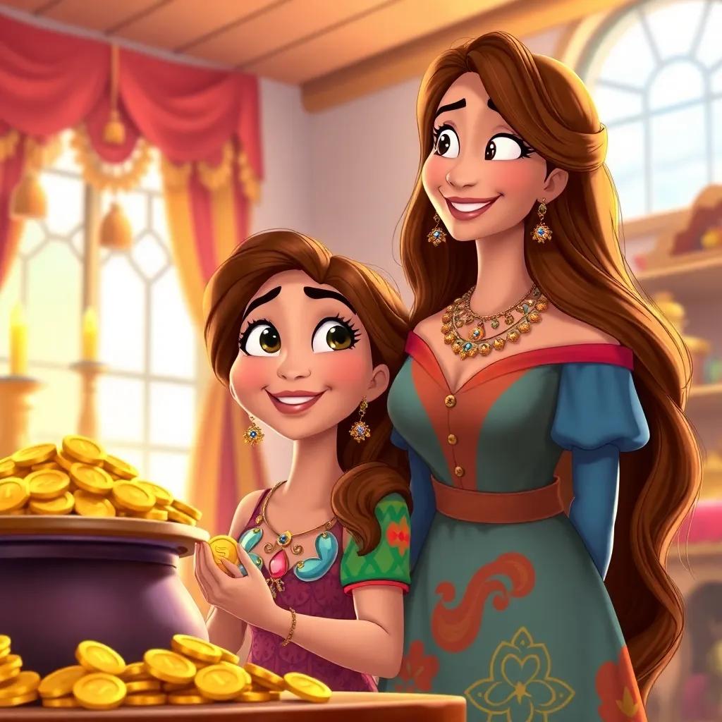 Jack's wife Lila, a beautiful woman with long brown hair, wearing a colorful dress and jewelry, looking impressed at the gold coins and jewels in their home, joyful expression, bright room, child-friendly art