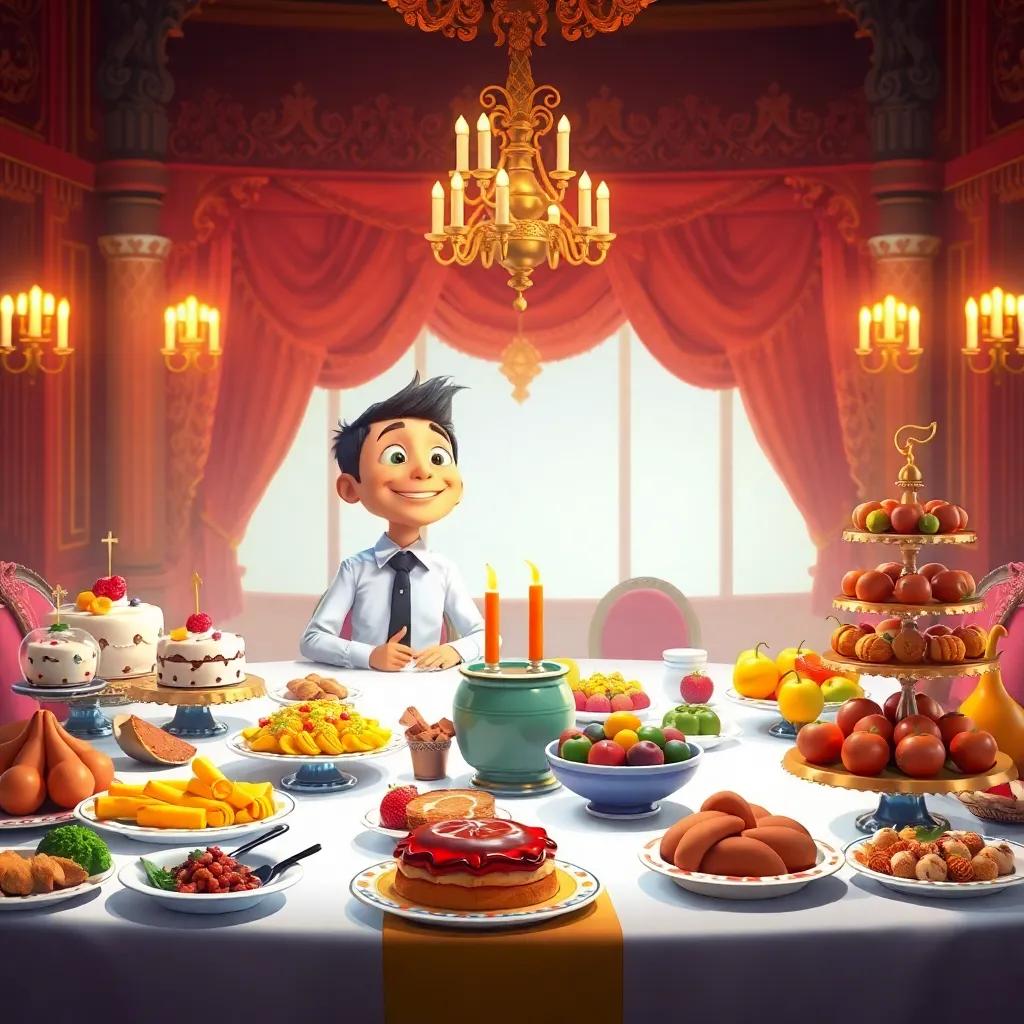 A grand banquet table filled with delicious food, cakes, fruits, and exotic dishes, Jack and Lila sitting together smiling, warm light, festive atmosphere, detailed digital art
