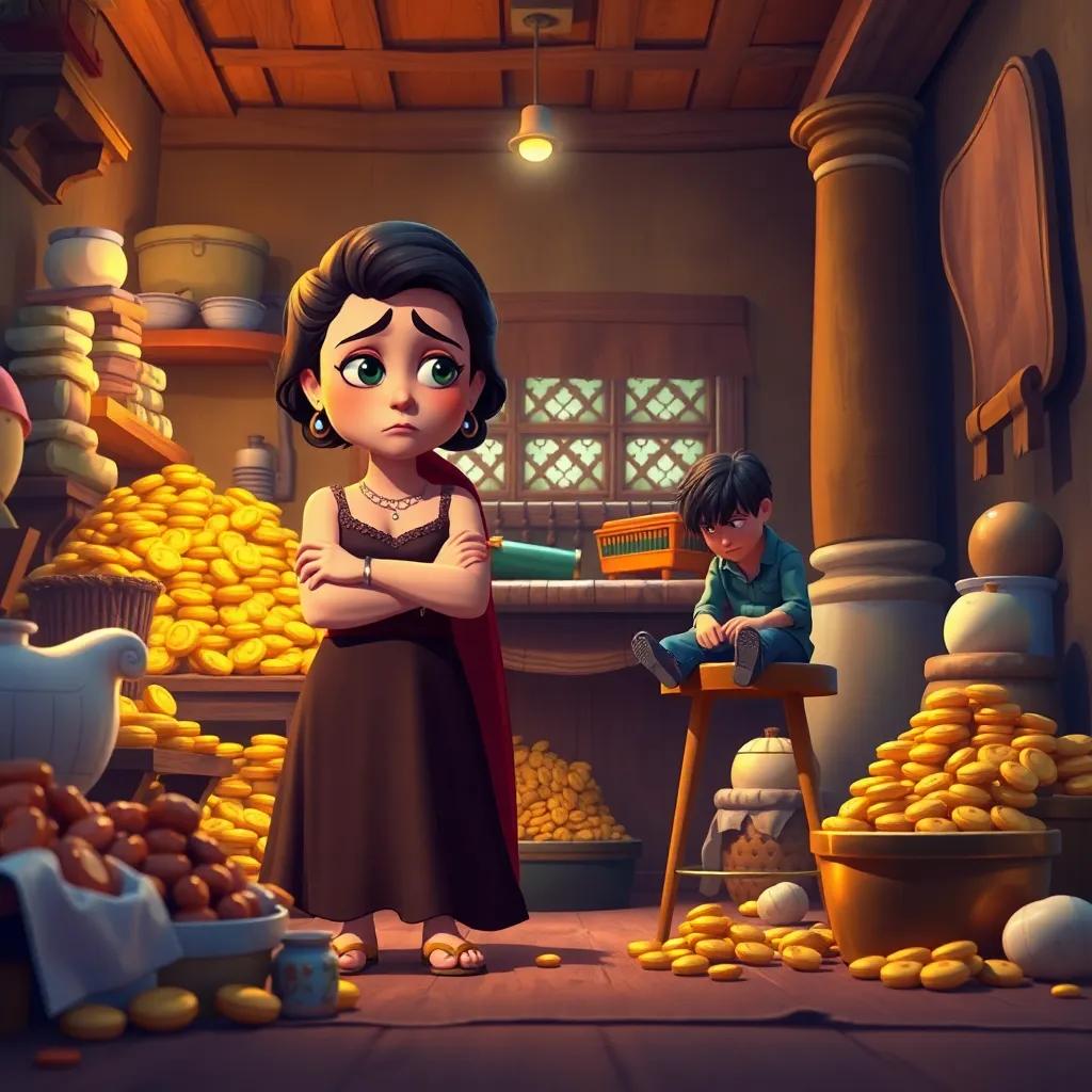 Lila looking frustrated with her arms crossed, surrounded by piles of gold and food, Jack sitting sadly on a stool, warm colors, emotional room, intriguing perspective