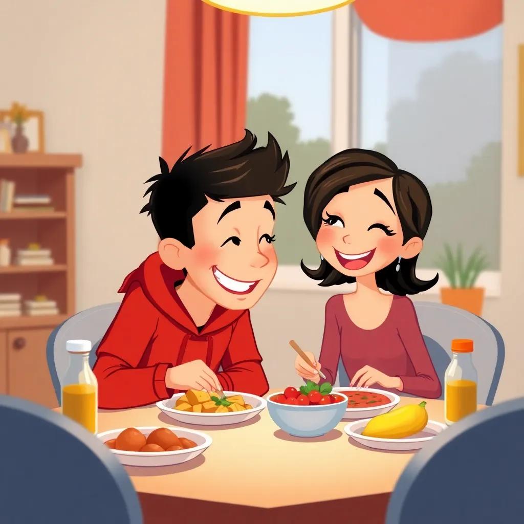 Jack and Lila together at home, sharing a meal, laughter in their eyes, simple food on the table, warm home atmosphere, bright colors, cozy illustration