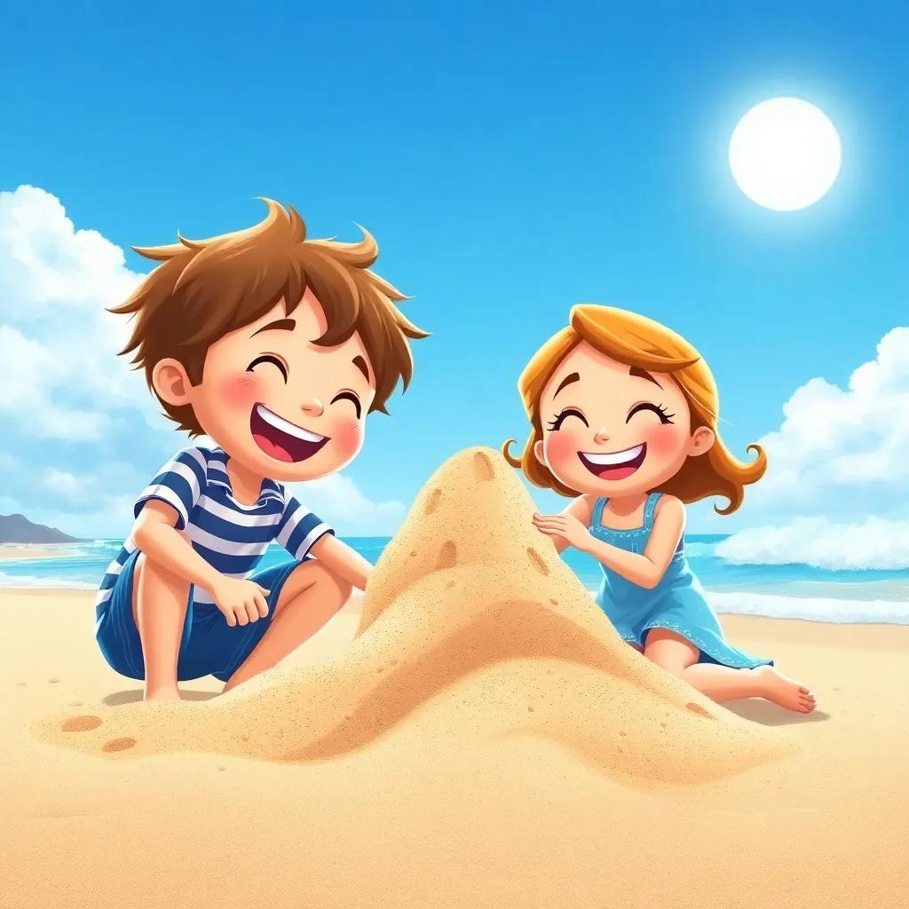 Jack and Lila playing on the beach, building a sandcastle and laughing, bright blue sky, cheerful sun, waves gently rolling in, joyful scene, full of life