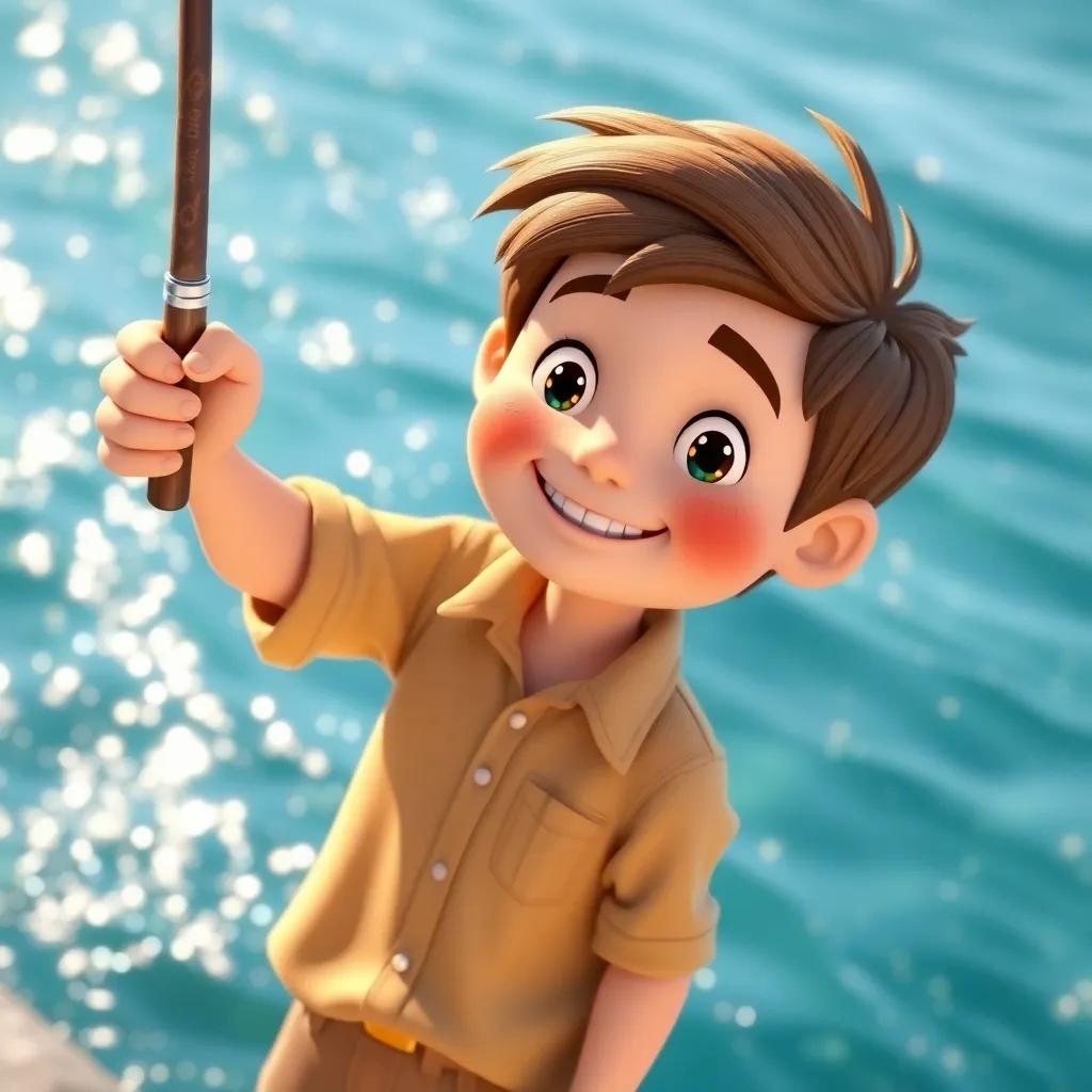 A kind fisherman named Sam, with short brown hair and a simple shirt, standing by a sparkling blue sea, holding a fishing rod, cheerful, colorful, cheerful scenery, digital art, bright light, high quality