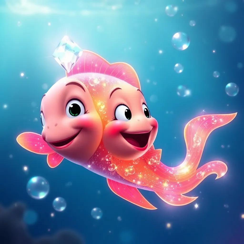 The magic fish, shimmering like a diamond, swimming in the sea, speaking to Sam, with a smile, surrounded by bubbles, magical atmosphere, colorful, sparkly water, digital art, high quality