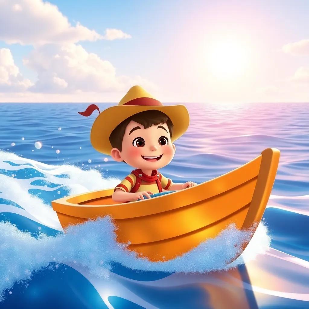 Sam in his big shiny boat, sailing happily on the ocean, with the sun shining bright, wearing a hat, blowing in the wind, adventure theme, cheerful colors, digital art, high quality