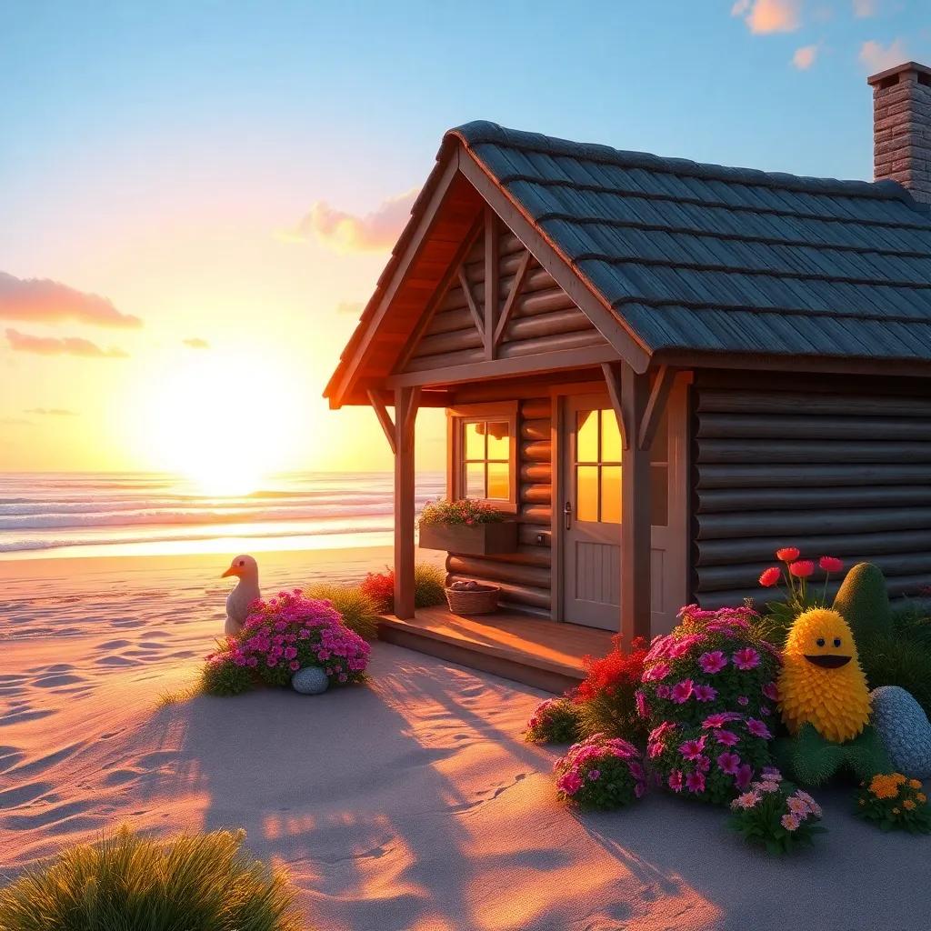 A lovely warm cozy house by the beach, with colorful flowers and sand, the sunset in the background, calm atmosphere, bright and inviting, digital art, high quality