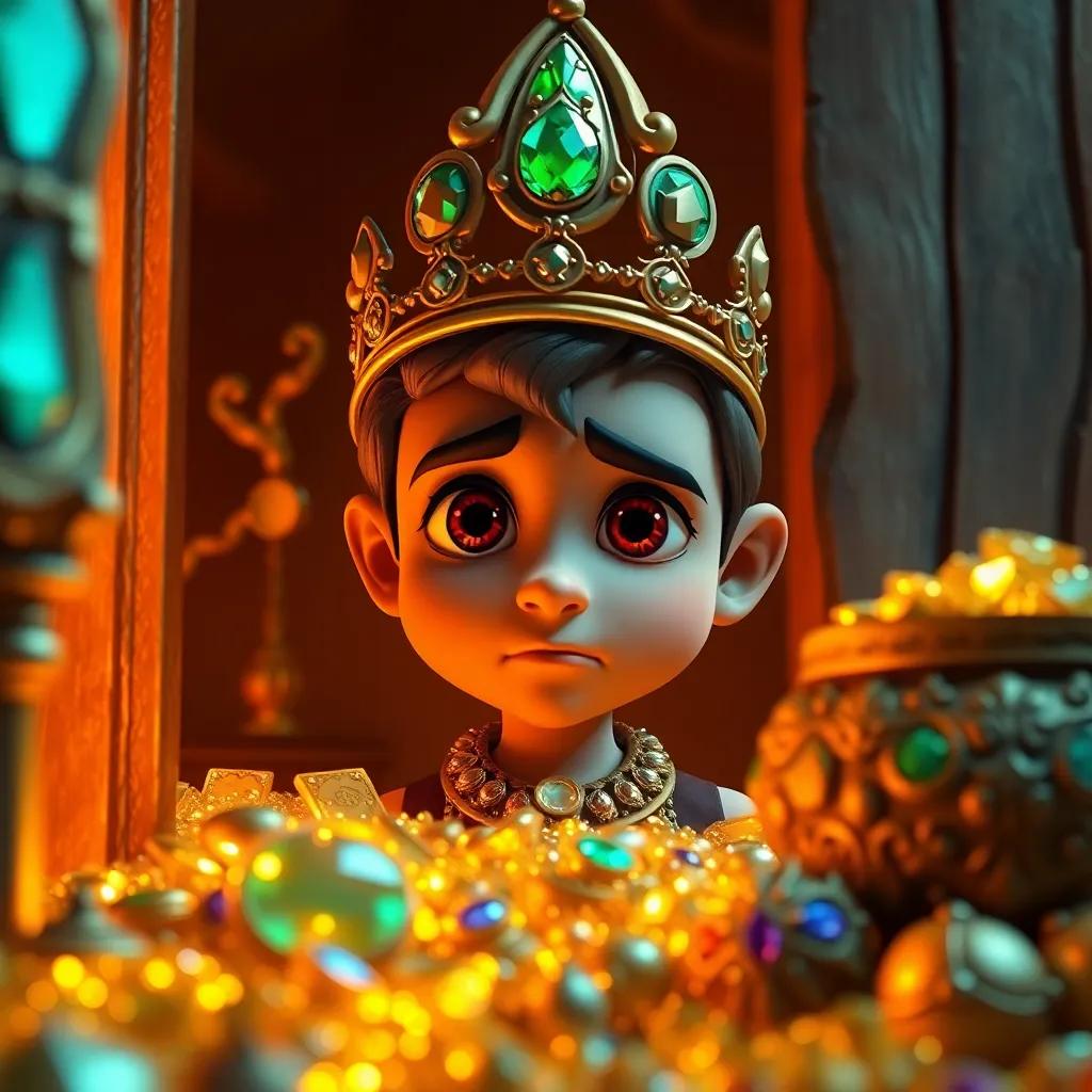 Sam surrounded by gold and jewels, looking proud but lonely, with sad eyes, glittering treasures in his house, warm colors, reflective mood, digital art, high quality