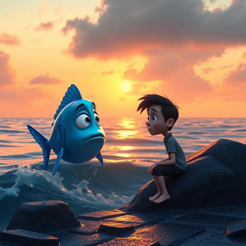 The magic fish returning, looking sad, speaking to Sam who looks regretful, by the ocean, the sunset reflecting on the waves, meaningful atmosphere, digital art, high quality