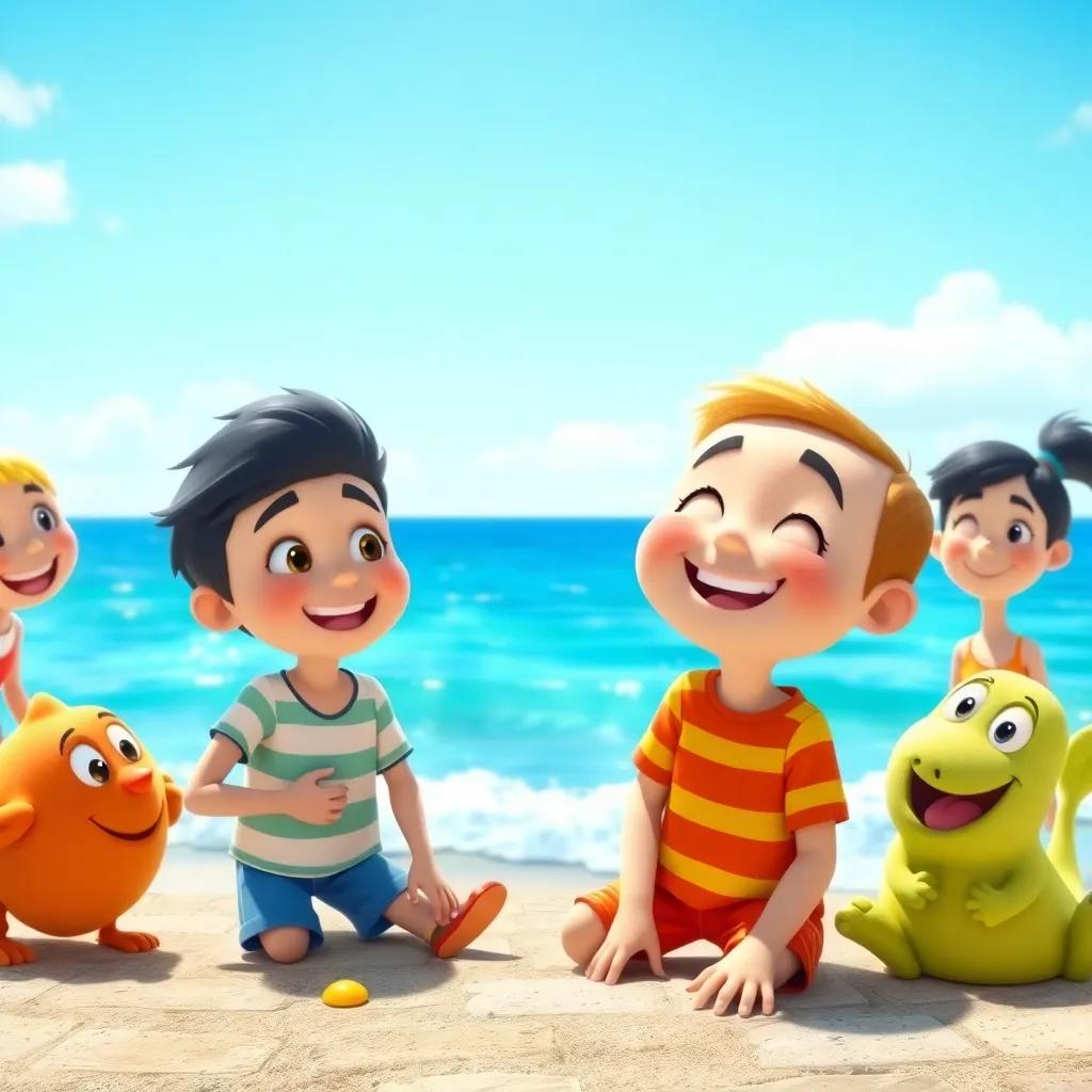Sam smiling with his friends around him, playing by the sea, everyone happy and joyful, bright blue sky above, fun, inviting scene, digital art, high quality