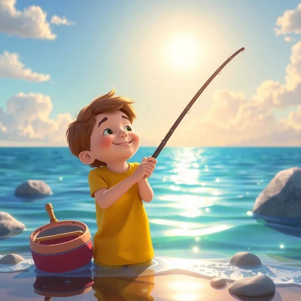 Sam fishing happily, looking grateful, with the sea and sun, his heart feeling light, colorful nature, caring atmosphere, digital art, high quality