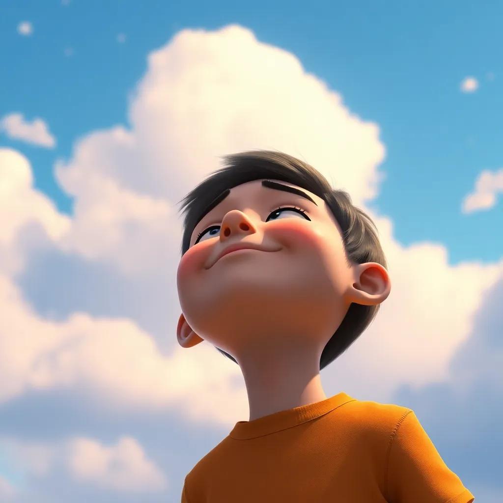 Sam looking up at the sky, appreciating the beauty around him, closing his eyes in contentment, joyful scene, digital art, high quality