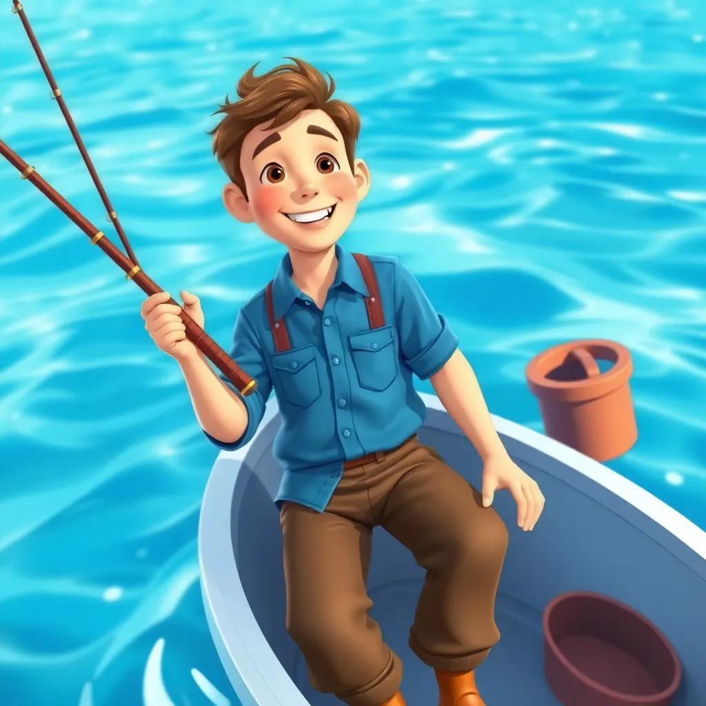 A kind fisherman named Tom, with short brown hair, wearing a simple blue shirt and brown pants, smiling as he holds a fishing rod on a small boat, with a big blue sea around, digital art, bright colors, cheerful atmosphere, high quality