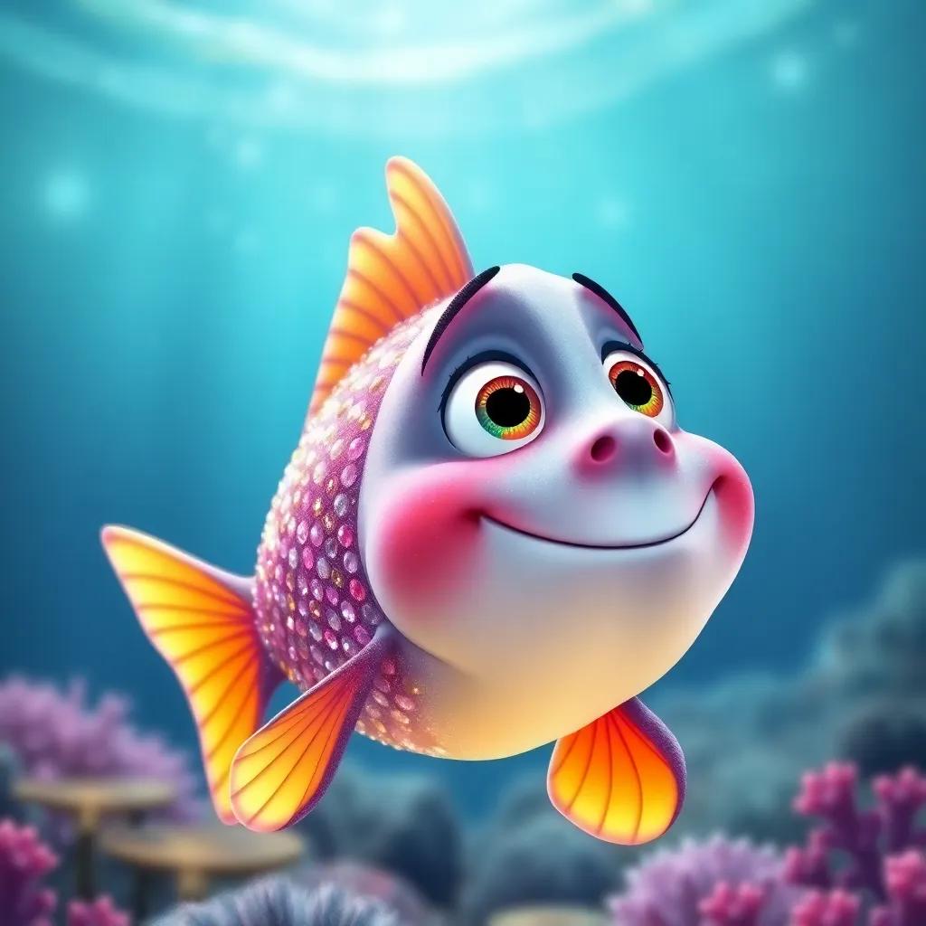 A magical fish with sparkling scales, swimming in the sea, looking up at Tom with big, friendly eyes, ocean background, playful, vibrant colors, whimsical style, high quality
