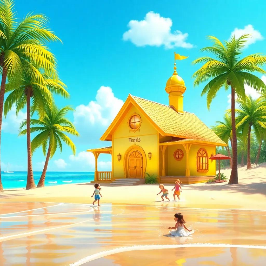 Tom's beautiful new shiny house made of gold, standing on a sunny beach with palm trees, children playing and splashing in the water, illustration, warm colors, joyful scene, high quality