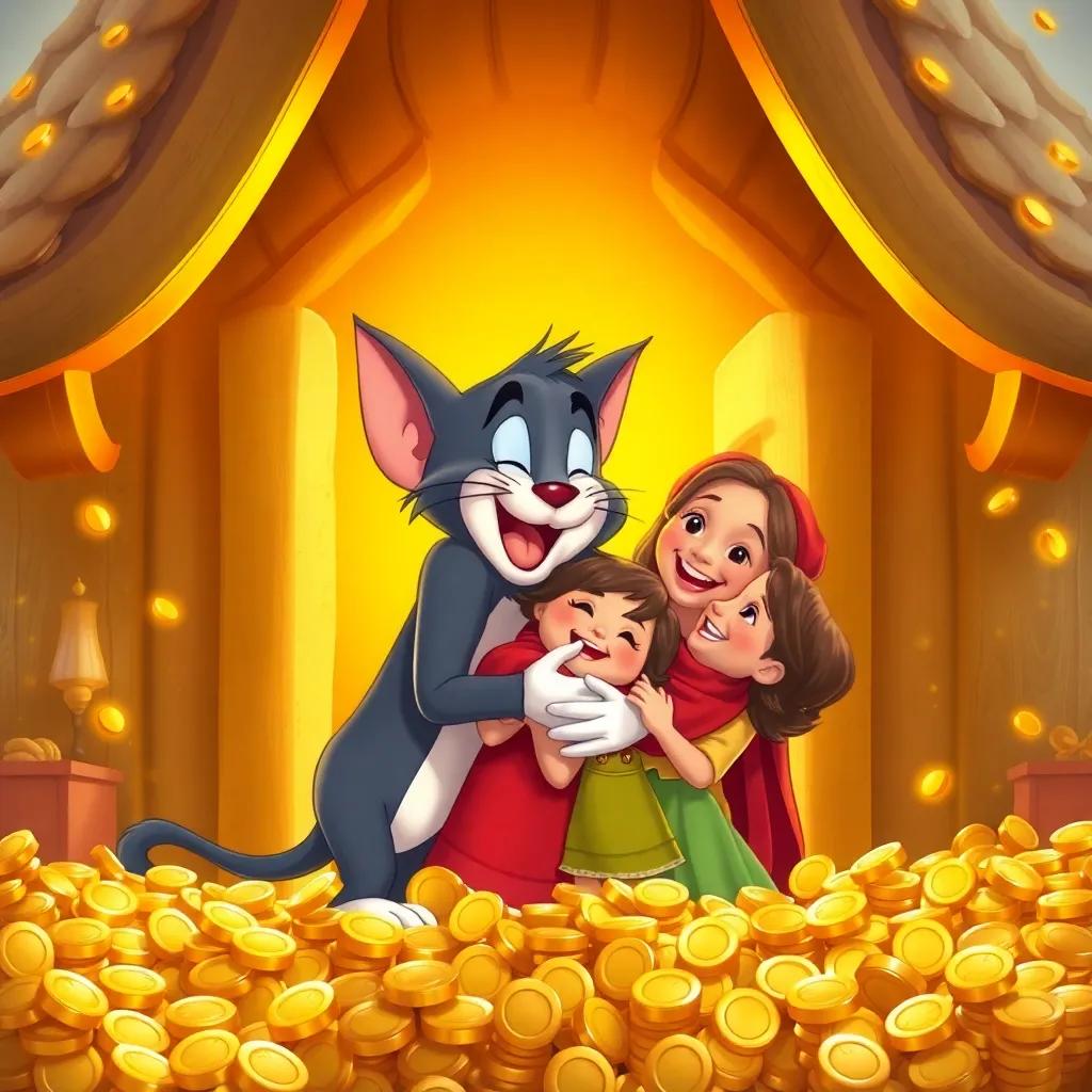 Tom happily hugging his family in their golden house, lots of gold coins glimmering around, family smiling and laughing together, heartwarming scene, warm light, colorful, high quality