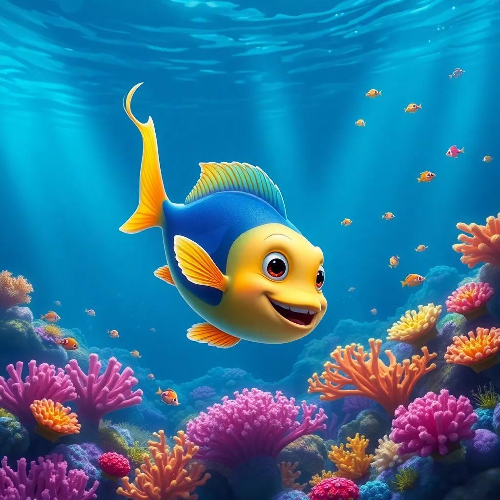 The magical fish swimming in the sea, flicking its tail playfully, colorful corals and other little fish all around, bursting with life, enchanting atmosphere, high quality