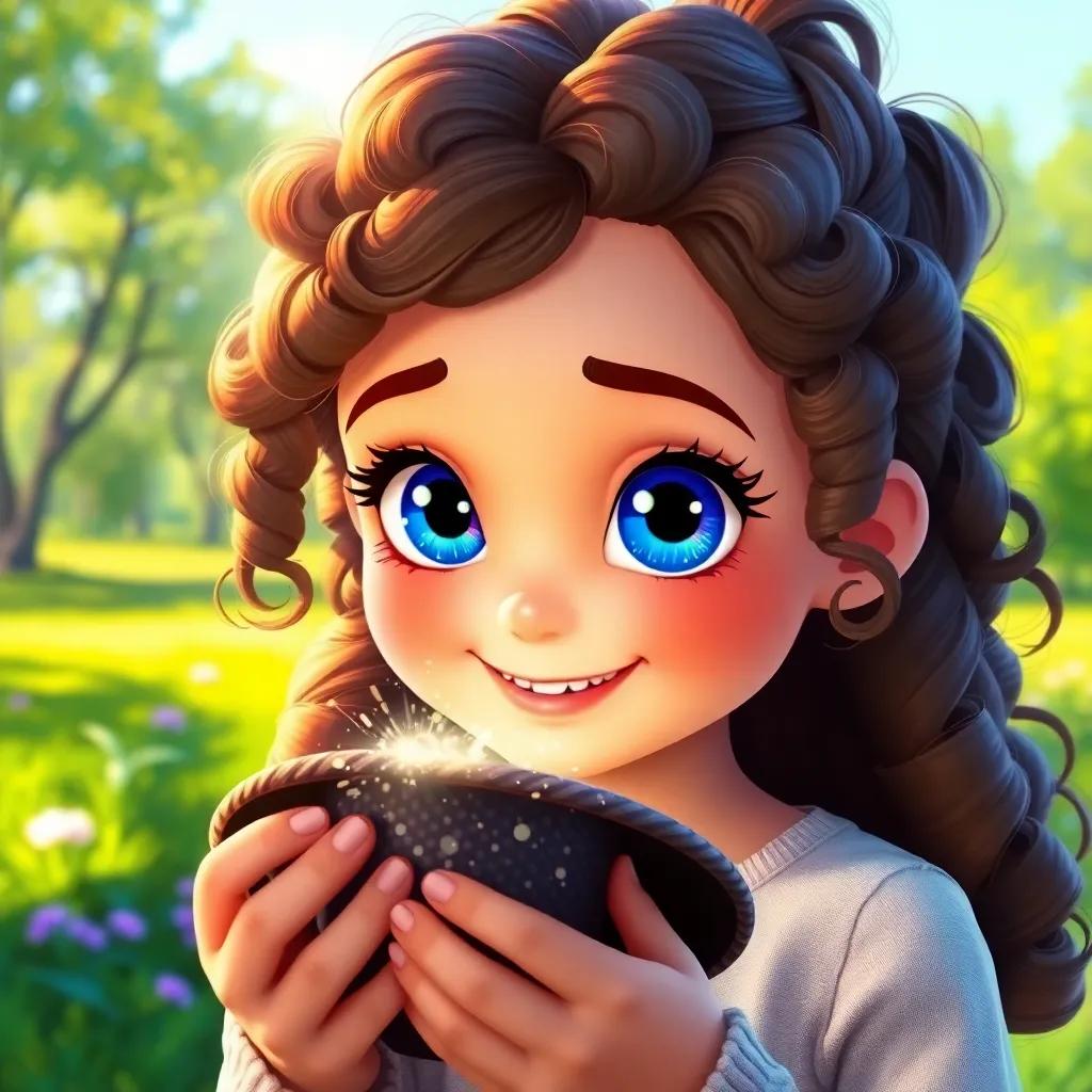 Holly, a cheerful girl with bright blue eyes and curly brown hair, discovering a shiny, sparkling hat in a vibrant green park, digital art, vivid colors, joyful atmosphere, close-up view, high quality