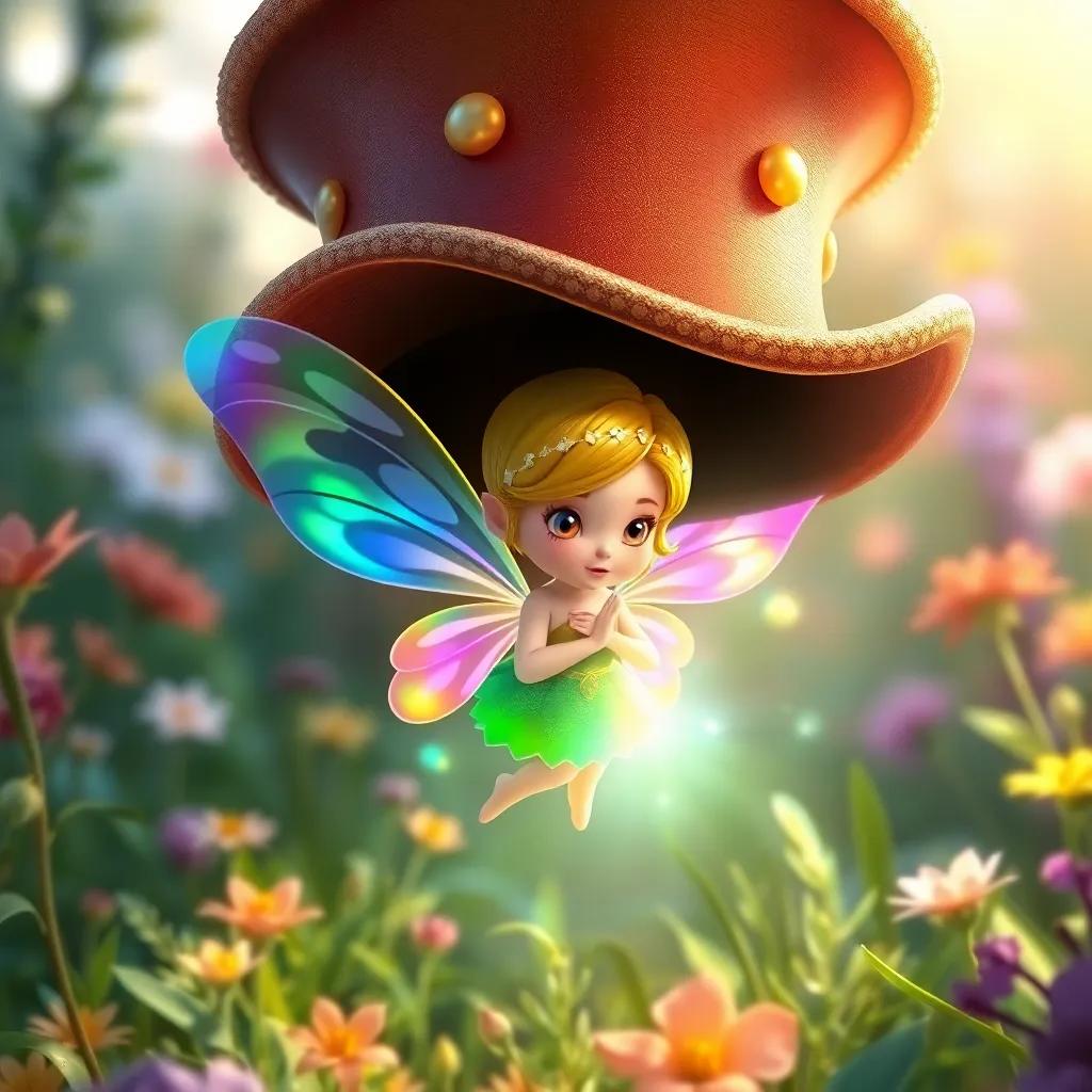 A tiny fairy with colorful wings appearing from the shiny hat, with a glowing magic light surrounding her, in a bright and cheerful garden, digital painting, enchanting colors, whimsical atmosphere, medium shot, high quality