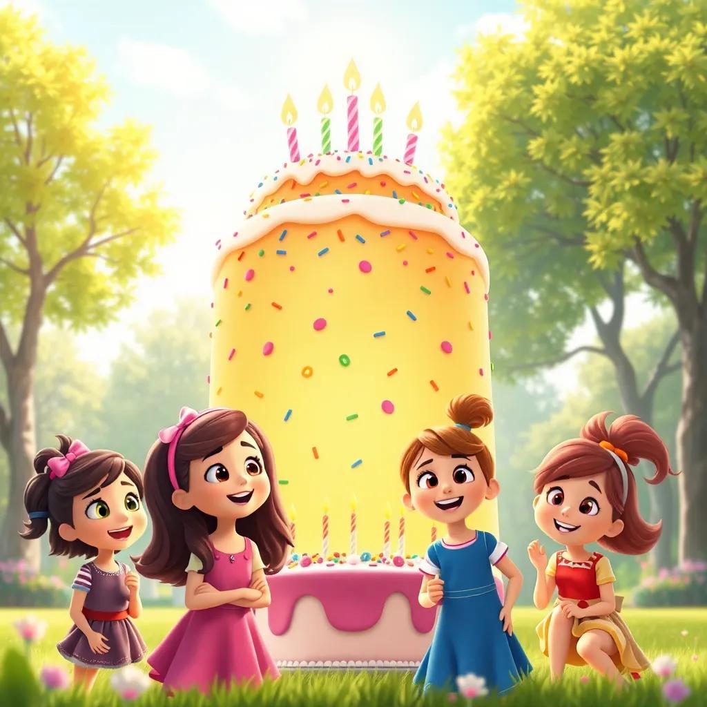 A giant birthday cake with colorful sprinkles magically rising in front of Holly and her friends, their faces full of delight, in a sunny park, illustration, bright colors, festive atmosphere, wide shot, high quality