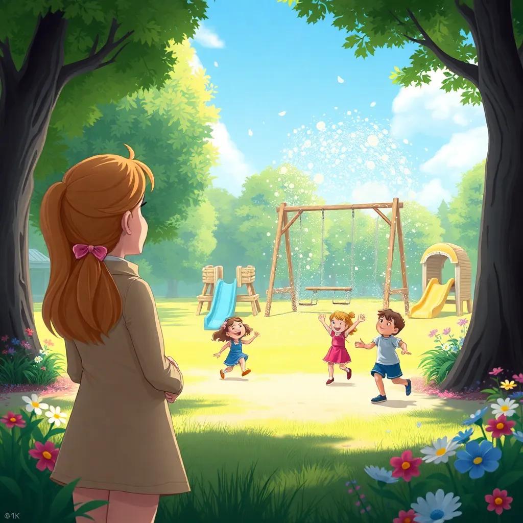 Holly watching as swings and slides magically appear in the park, kids cheering and running to play, surrounded by trees and flowers, digital painting, cheerful colors, joyful scene, wide view, high quality