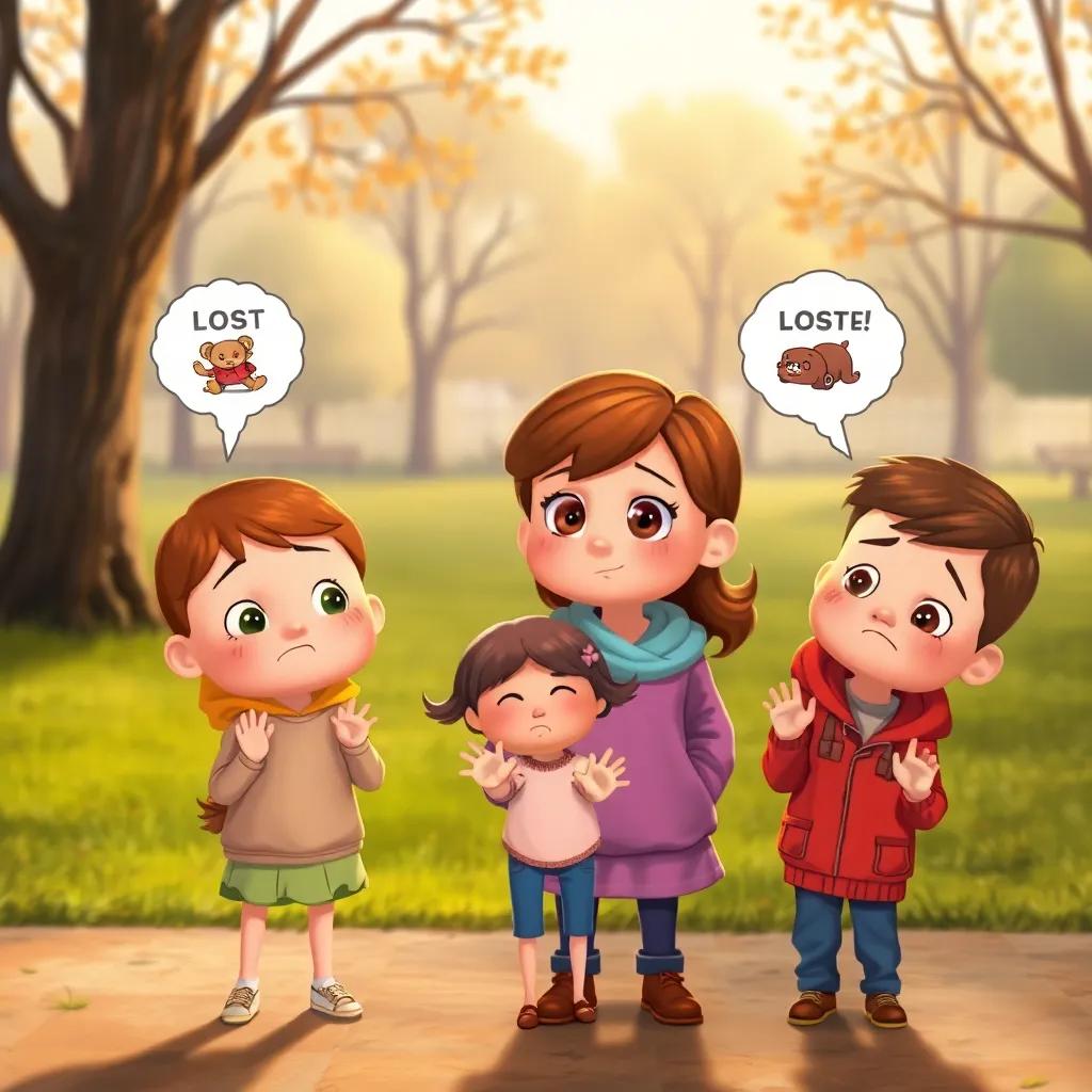 Sad kids holding empty hands, while Holly looks concerned, with thought bubbles showing lost toys and a warm park scene behind them, cartoon style, warm colors, emotional atmosphere, medium shot, high quality