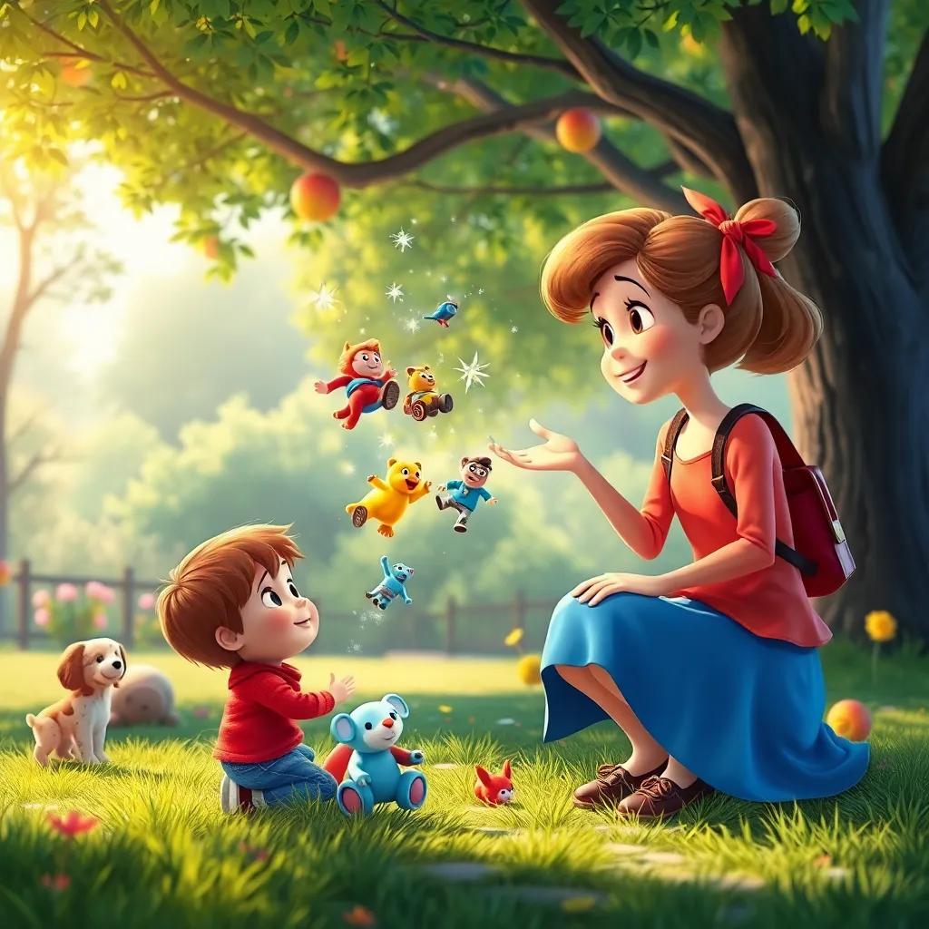 Holly wishing for lost toys to come back, with toys floating back to happy kids, magic sparkles in the air, in the peaceful park, digital art, bright colors, super cheerful scene, wide shot, high quality