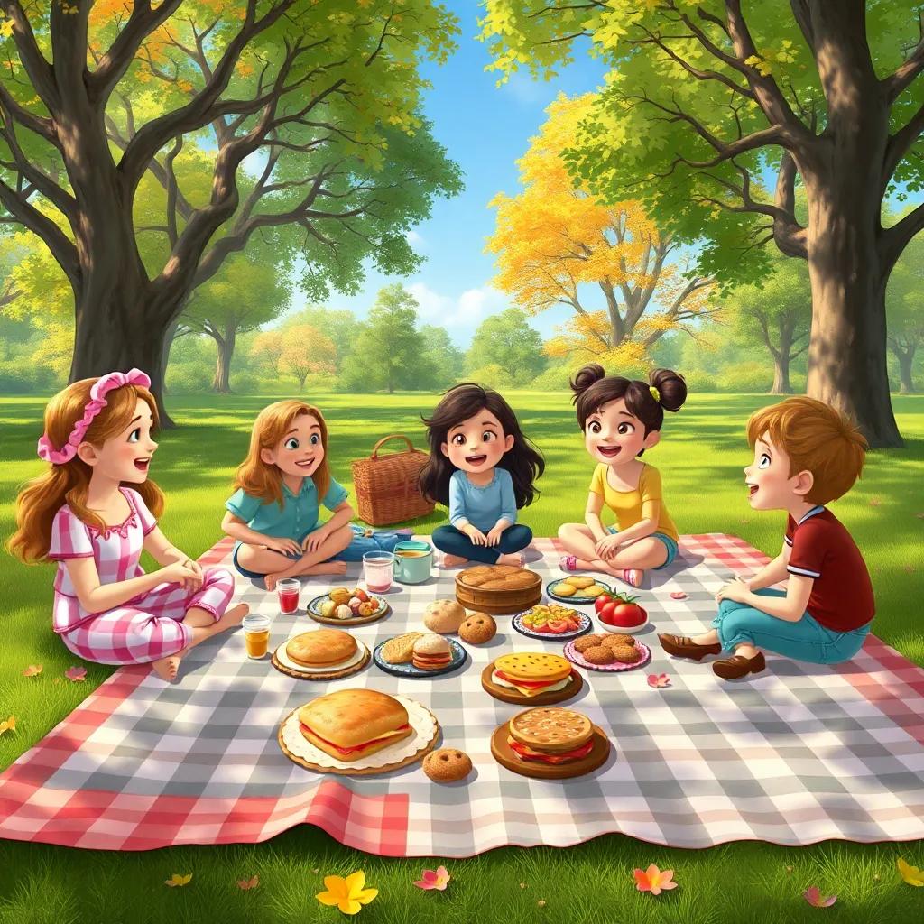 A picnic scene with blankets, sandwiches, fruits, and cookies set up in the park, Holly and her friends laughing and sitting together, beautiful trees around, cartoon art, colorful, lively atmosphere, wide-angle view, high quality
