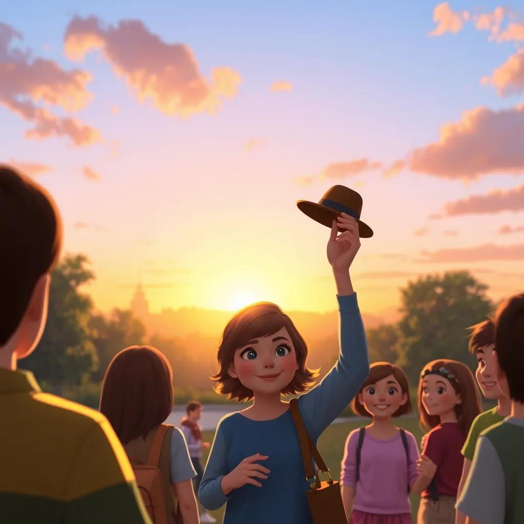 A sunset view over the park, Holly smiling gently while waving at the hat, friends around her looking happy, soft warm light, heartwarming scene, digital painting, nostalgic feeling, medium shot, high quality