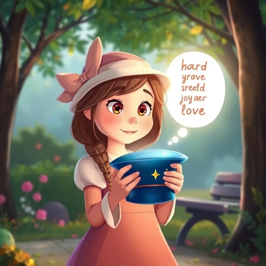 Holly holding the magic hat close, thinking about spreading joy and love; a soft glow surrounding her, in a cozy corner of the park, illustration, gentle colors, reflective atmosphere, close-up, high quality