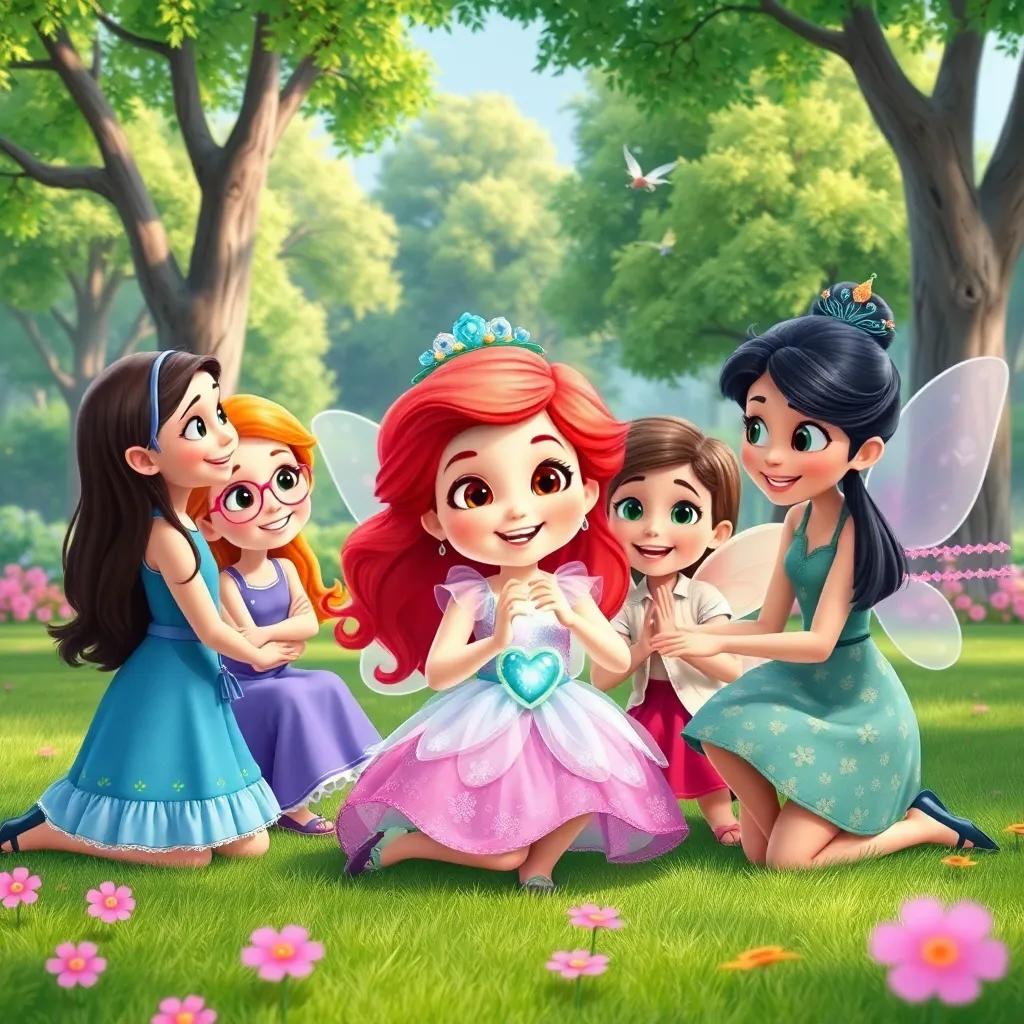 Holly, her friends, and the magical fairy in the park, everyone smiling and playing together, creating a magical bond through friendship, vibrant colors, joyful scene, wide shot, high quality