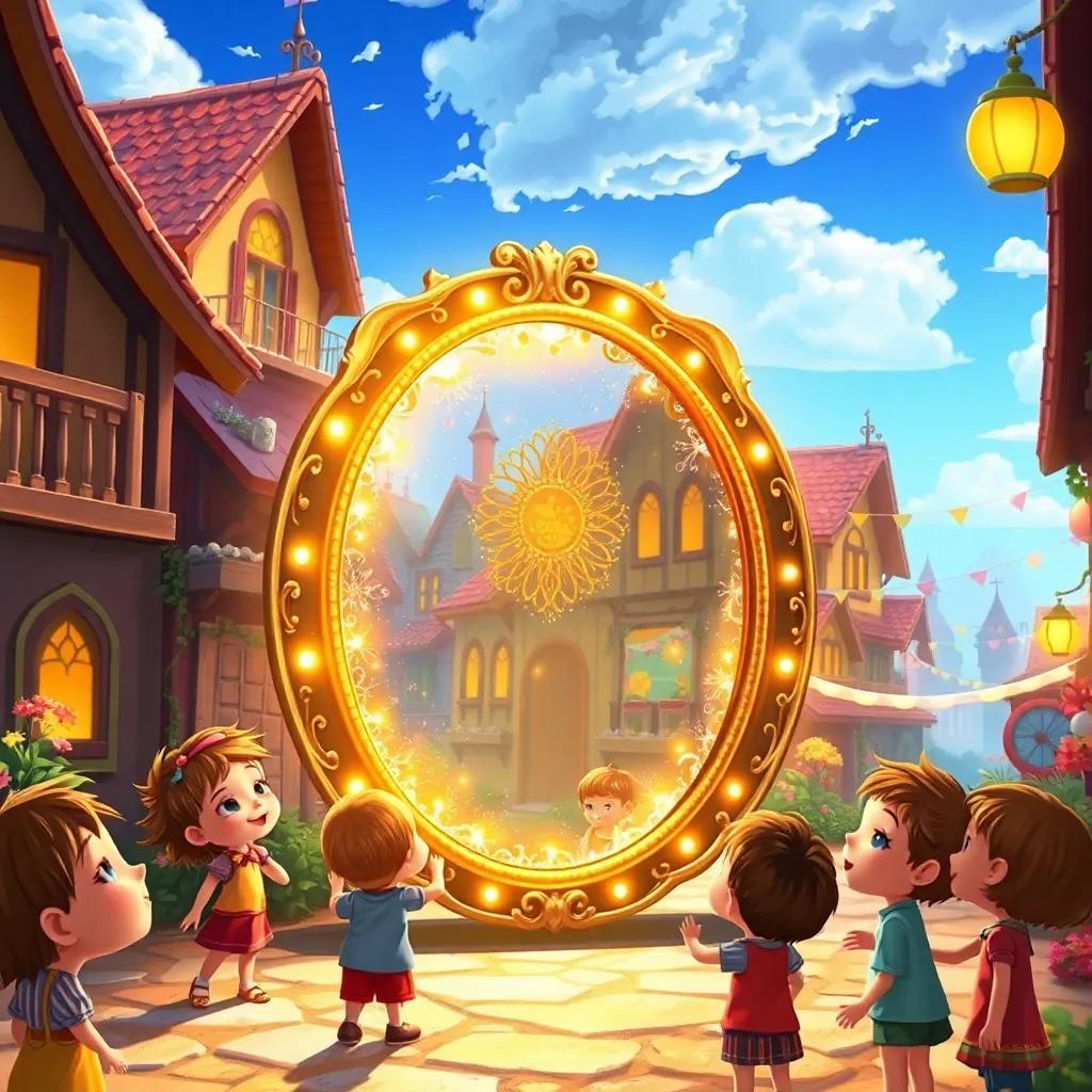 A magical mirror in a bright village, sparkling with golden light, surrounded by cheerful children looking at their reflections, digital art, vibrant colors, inviting atmosphere, child-friendly, high quality