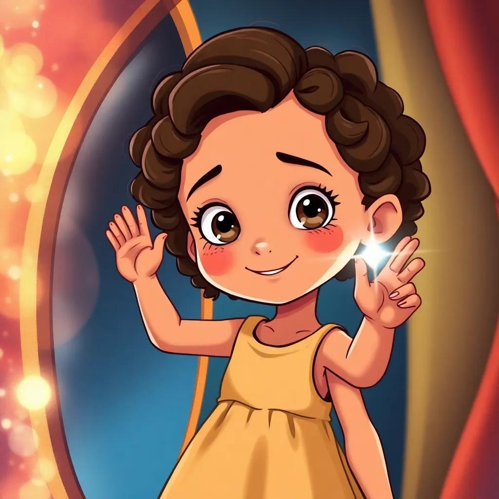 Mia, a young girl with curly brown hair, wearing a simple dress, touching the shimmering magic mirror, her eyes wide with excitement, detailed illustration, warm colors, joyful setting, child-friendly, high quality