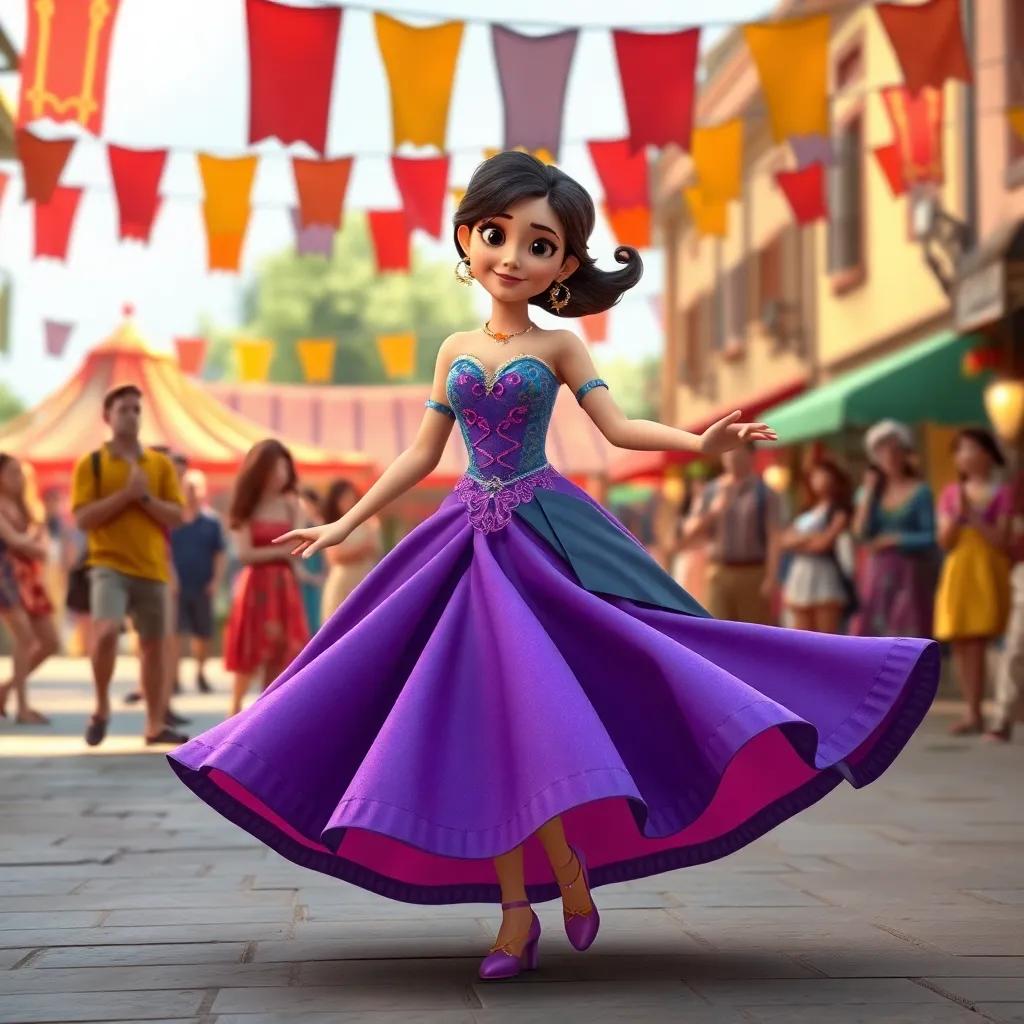 Mia in a beautiful dress, twirling in a lively village square, people admiring her but looking a bit confused, colorful banners in the background, digital art, bright colors, engaging, child-friendly, high quality