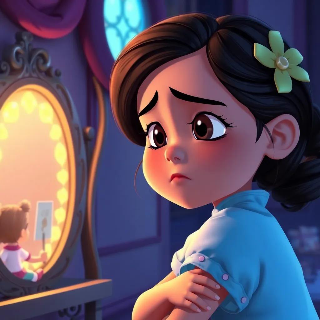 Mia looking slightly sad, frowning while observing her friends playing nearby, with the magic mirror glowing softly next to her, a thoughtful expression on her face, illustration, warm light, emotional, child-friendly, high quality
